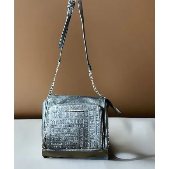 Steve Madden Black Faux Leather Crossbody Bag Purse Handbag Pocketbook W/Chain - Picture 12 of 14